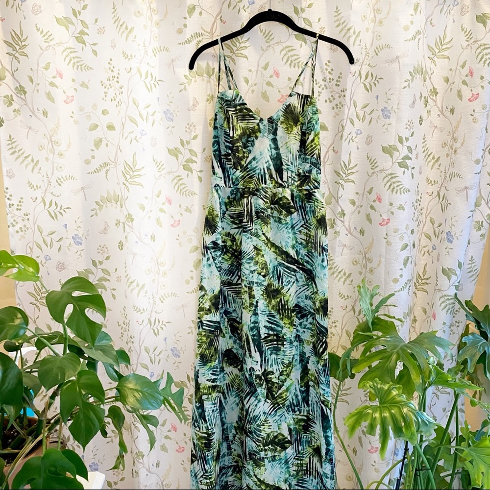 Parker green leaves print maxi dress with tie back